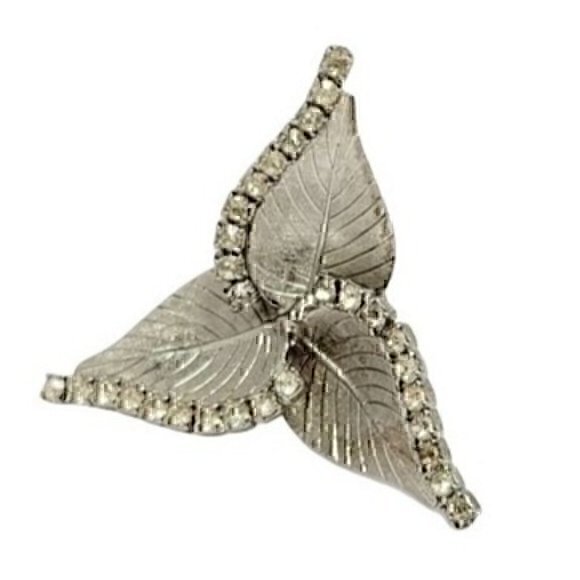 Vintage Rhinestones Silver Tone Leaf Brooch Pin - Picture 3 of 5
